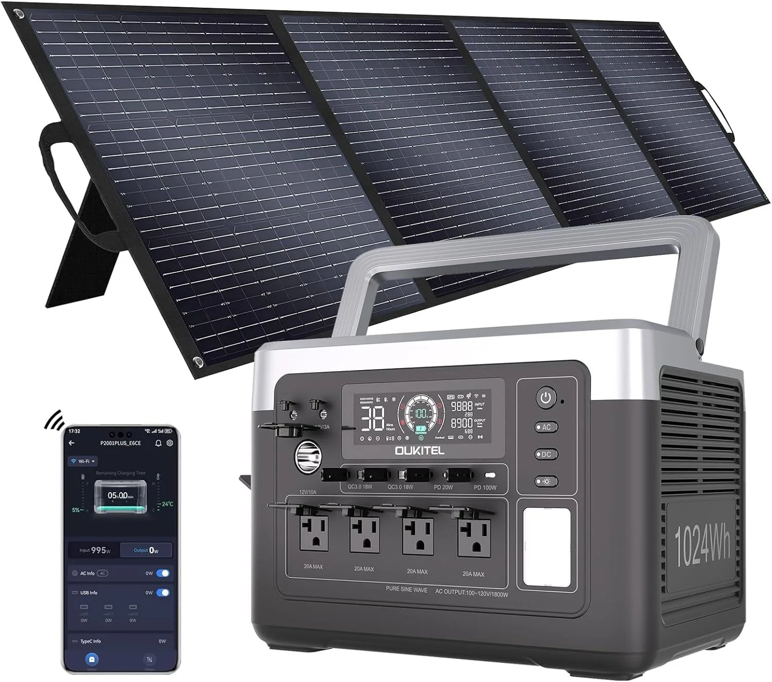 OUKITEL P1000 Plus Portable Power Station with 100W Solar Panel